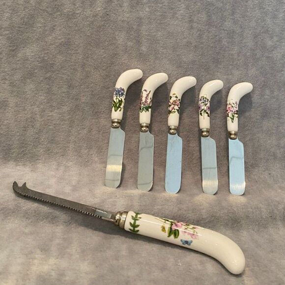 Portmeirion Botanic Garden Cheese Knife and 5 Spreaders Flowers Ceramic - Picture 1 of 7